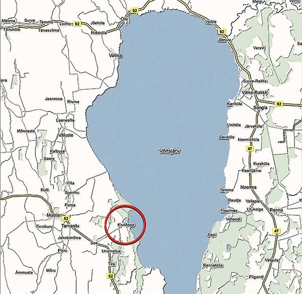 Map showing Kiviloppe, Estonia, on the shores of Lake Vortsjarv