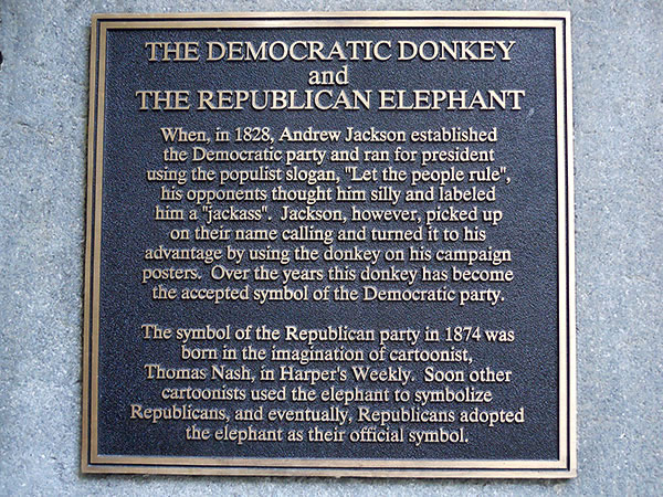 Boston historical marker explaining the donkey & elephant as political symbols